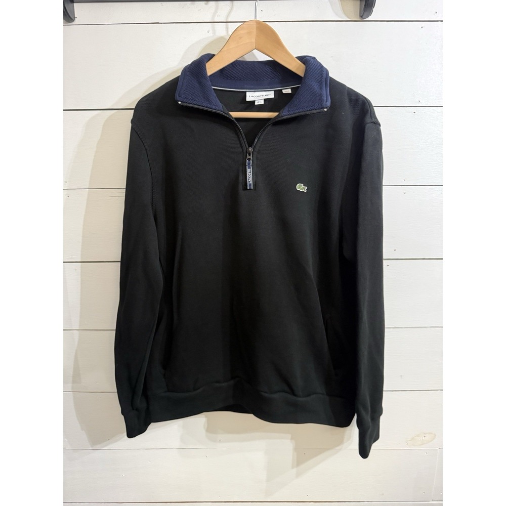 LACOSTE Adult 1/4 Zip Pullover Men's Long Sleeve Sweater Logo Sz XL 6 Black Navy